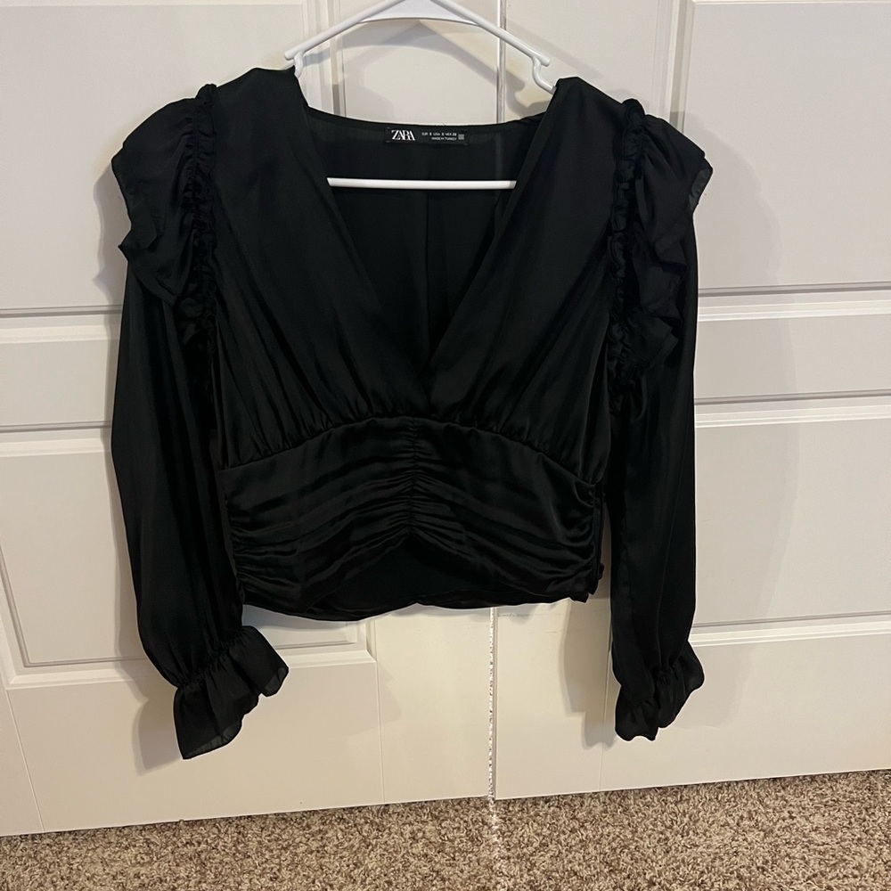 Zara Black Puff Sleeve Ruched Crop Blouse